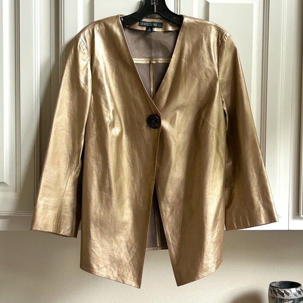Lafayette 148 New York Metallic Gold Genuine Leather Jacket – Size 8